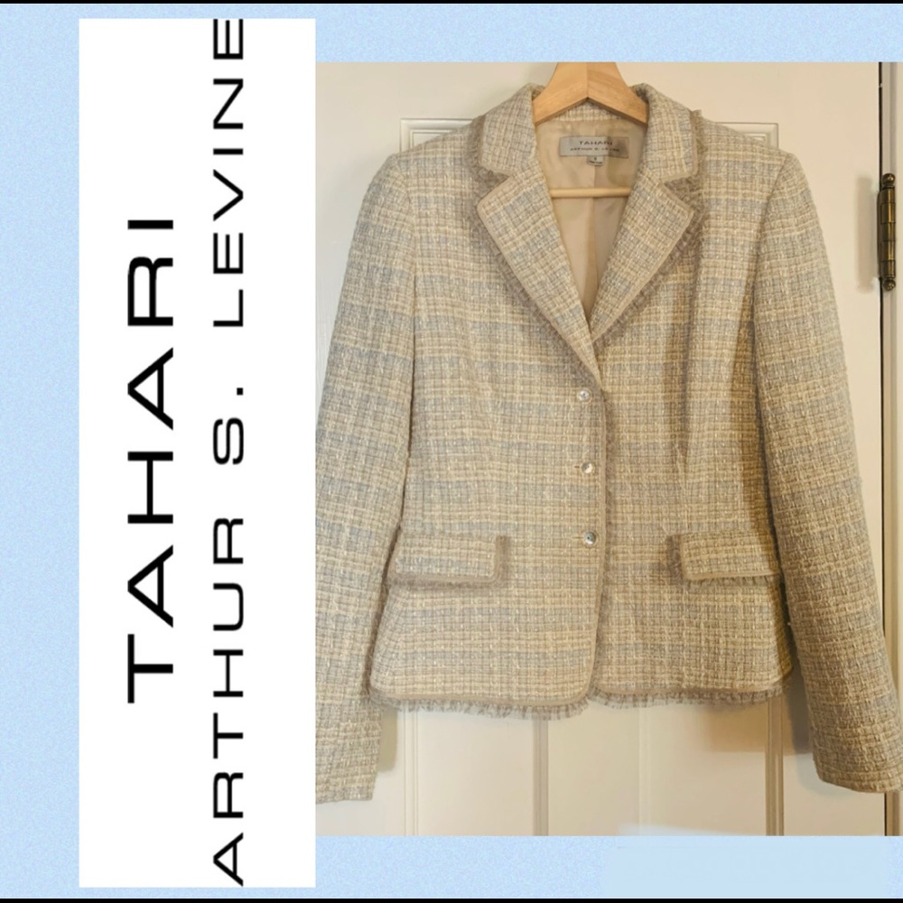Tahari Arthur S. Levine Tweed Light Blue and Tan Blazer